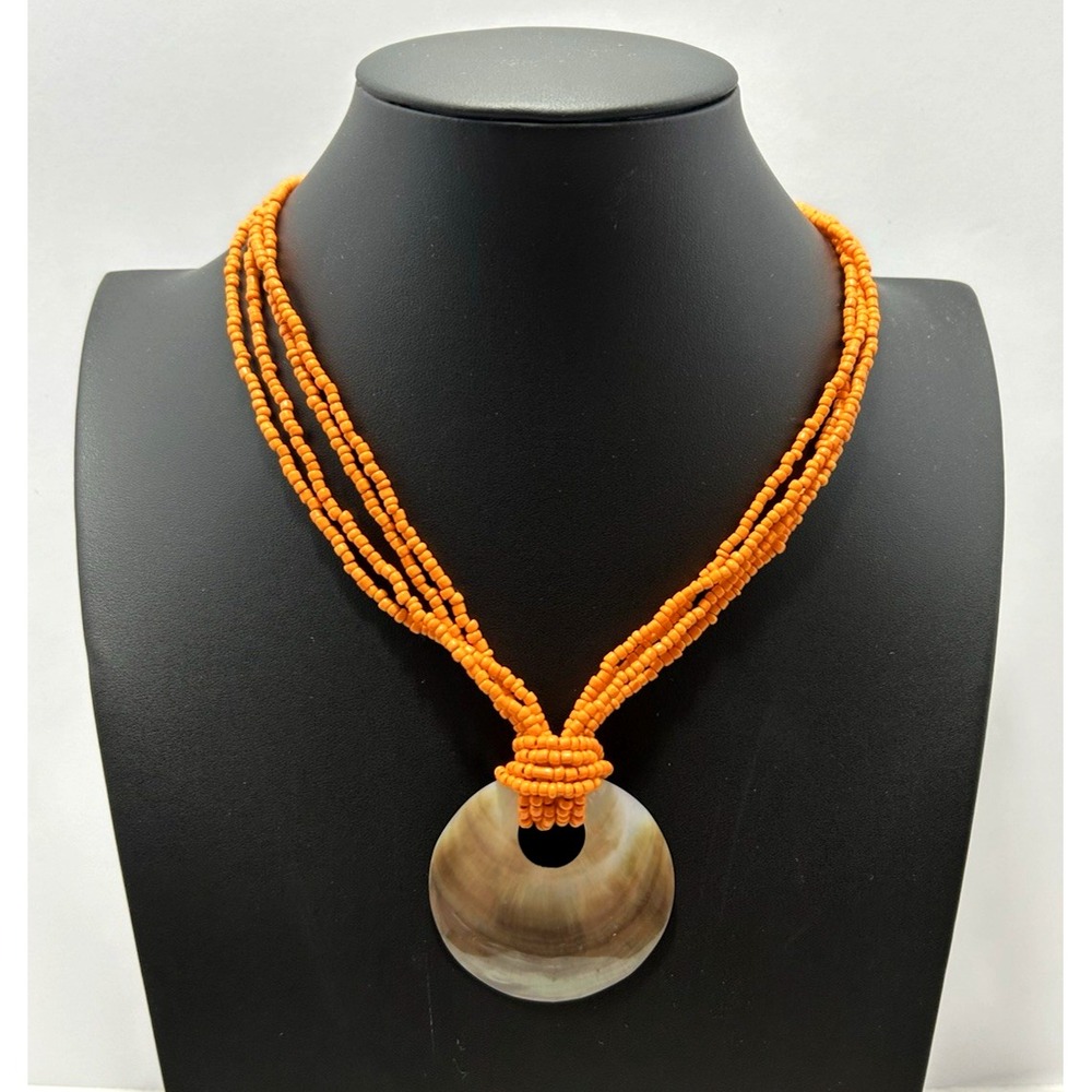 Orange Seed Bead Necklace Round Mother of Pearl Shell Pendant Boho Beach